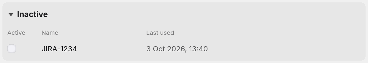 The Inactive panel opened: columns captioned Active, Name and Last used, with one row, an unticked box, the name JIRA-1234 and Last used reading 3 Oct 2026, 13:40.