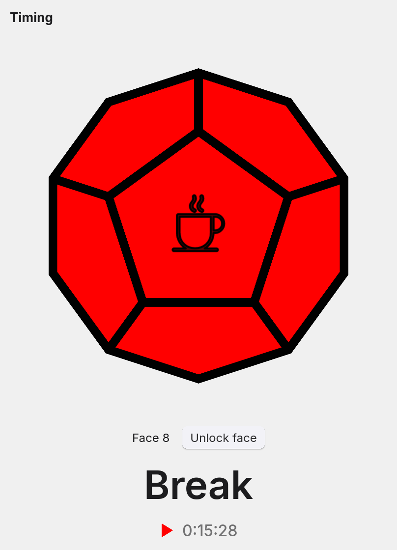 The Timing column with a device connected: the device drawn in red with a coffee cup on its centre face, the label Face 8 beside an Unlock face button, the name Break in large type, and a red play symbol beside a clock reading 0:15:28.