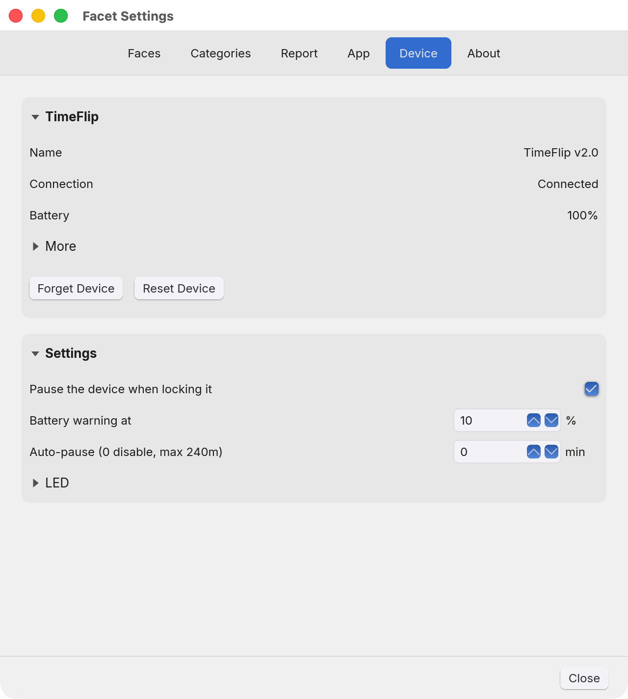 The Facet Settings window on the Device tab with a device connected: a TimeFlip panel showing the name TimeFlip v2.0, Connection Connected, Battery 100%, a folded More row and Forget Device and Reset Device buttons, and a Settings panel with Pause the device when locking it ticked, Battery warning at 10 %, Auto-pause 0 min and a folded LED row.