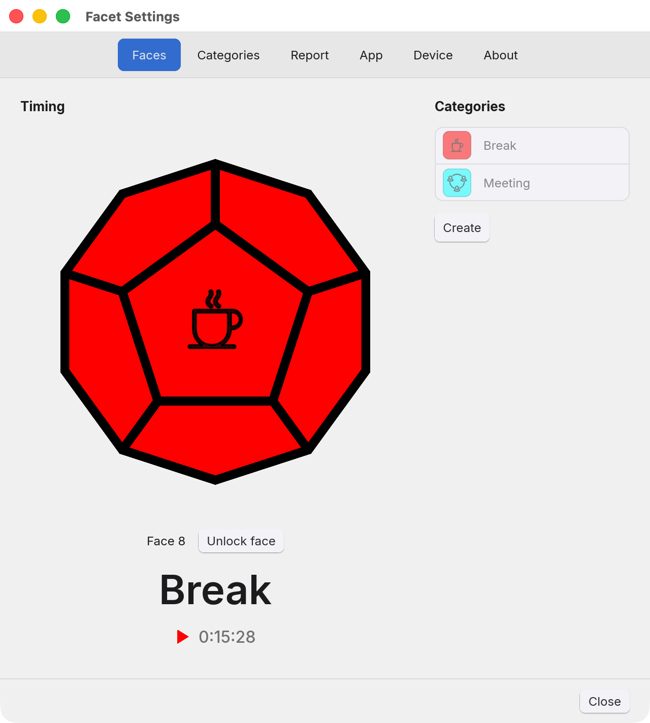 The Facet Settings window on the Faces tab with a device connected: in the Timing column the device drawn in red with a coffee cup on its centre face, the label Face 8 beside an Unlock face button, the name Break and a red play symbol beside a clock reading 0:15:28, and on the right a greyed out Categories list holding Break and Meeting above a Create button.